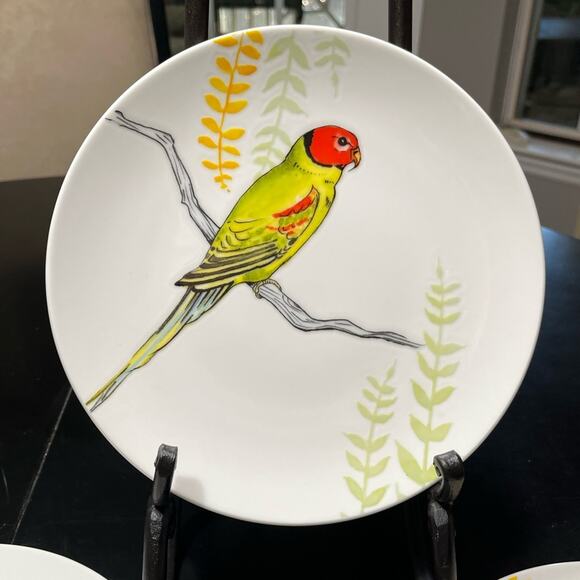 NEW Grace Anthropologie Set 4 Ceramic Parakeet Bird Salad Sandwich Dessert Pl… - Picture 2 of 15